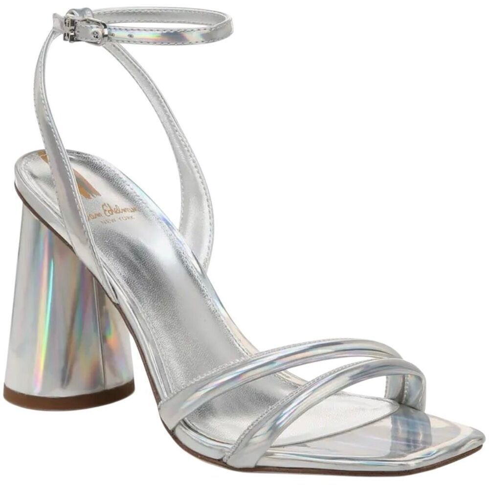 NIB Sam Edelman Women's Silver Kia Metallic Ankle Strap Block Heel Sandals 8 - Picture 2 of 9